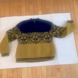 WOOL Knit Vintage heavy Sweater Mustard Yellow & Blue Kids size Aprox size 7/8